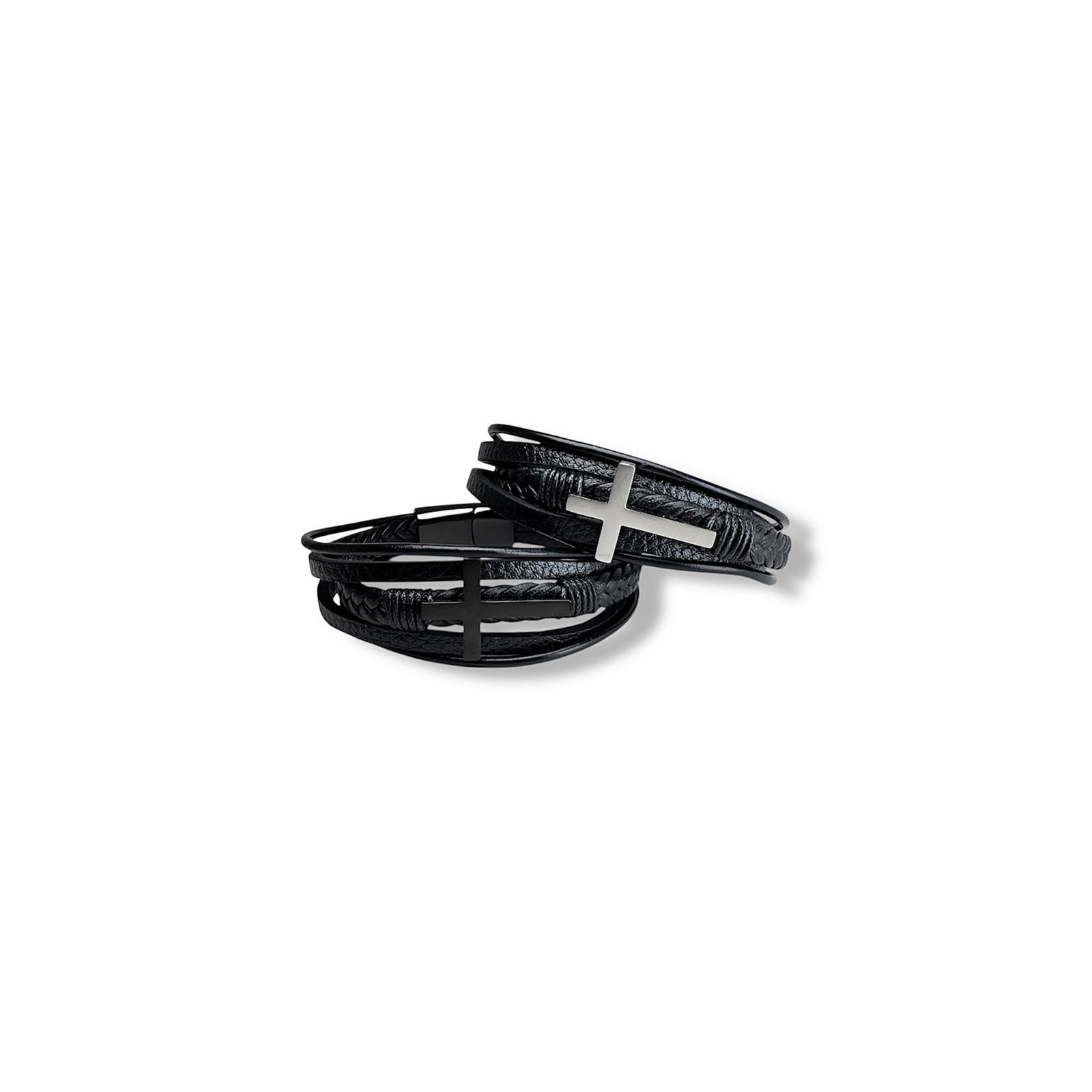 Zwarte leren herenarmband met gevlochten patroon en zilverkleurige